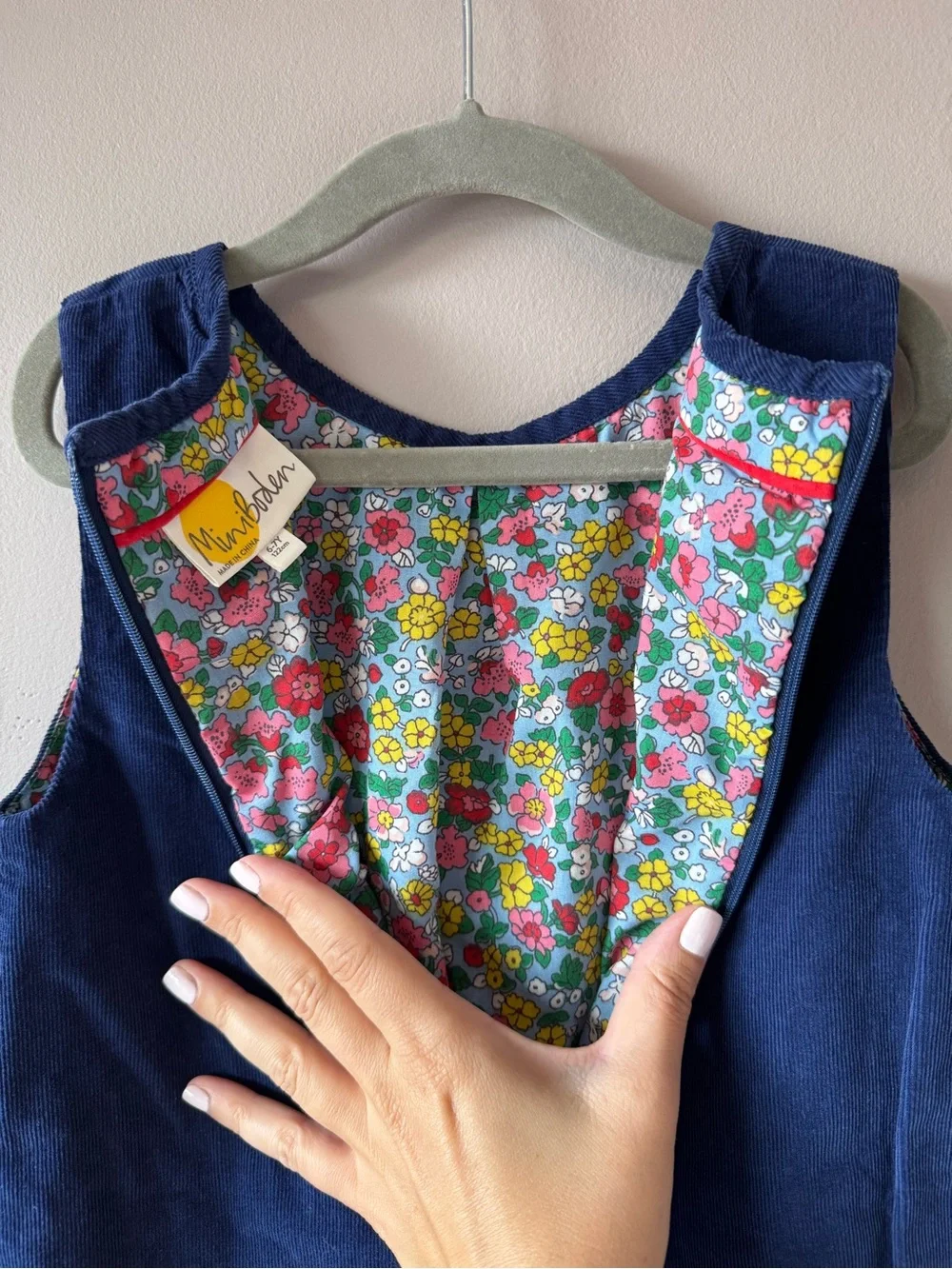 Mini Boden Girls Navy Corduroy Unicorn Appliqué Pocket Dress Size 6-7 Years